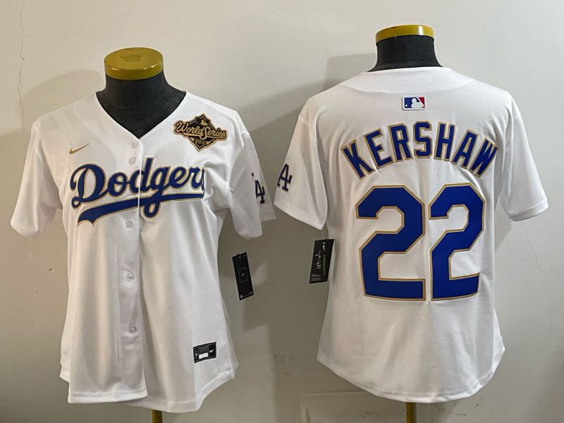 Women 2026 Los Angeles Dodgers #22 Kershaw White Gold Game Nike MLB Jersey style 08